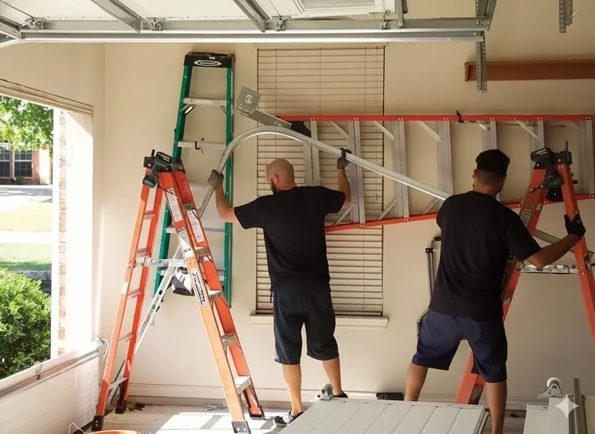 Two technicians on ladders working on the header hardware of a raised garage door