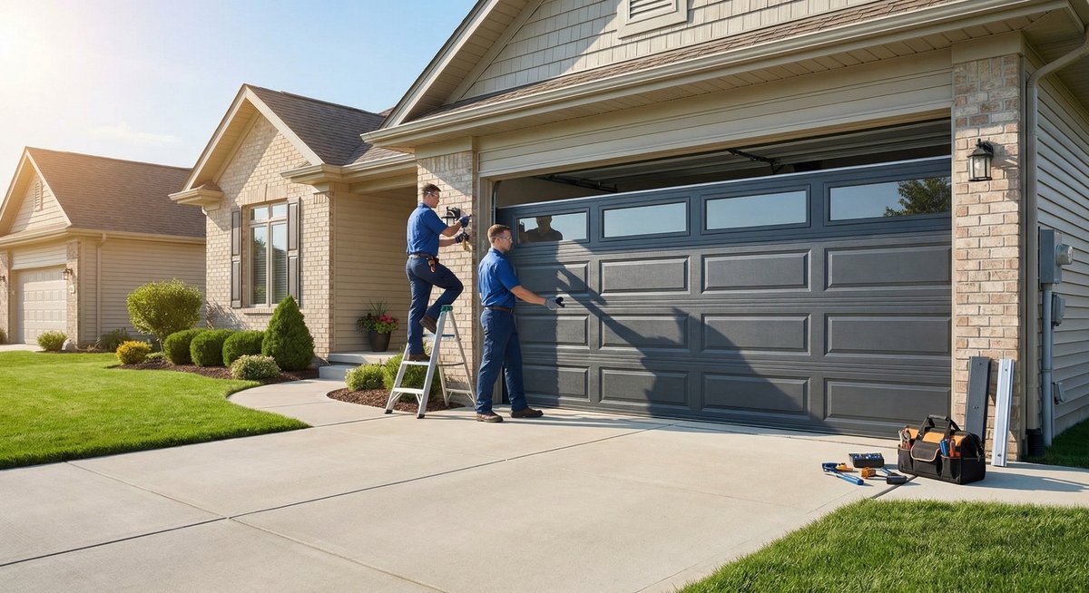 Technician standing beside a dark gray garage door at a suburban house